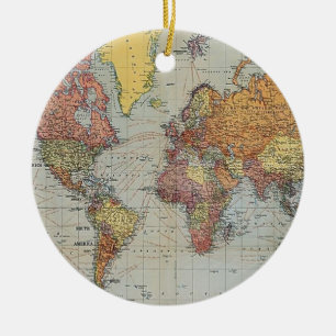 Vintage General Map of the World Ceramic Tree Decoration