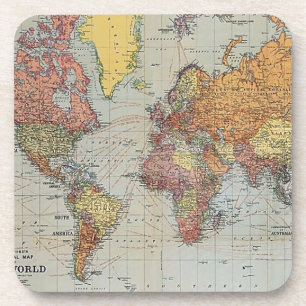 Vintage General Map of the World Lithograph Coaster