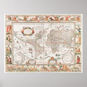 Vintage Geographical Map Of The World 1636-1650 Poster