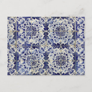 Vintage Geometric Blue White Tile Pattern Holiday Postcard
