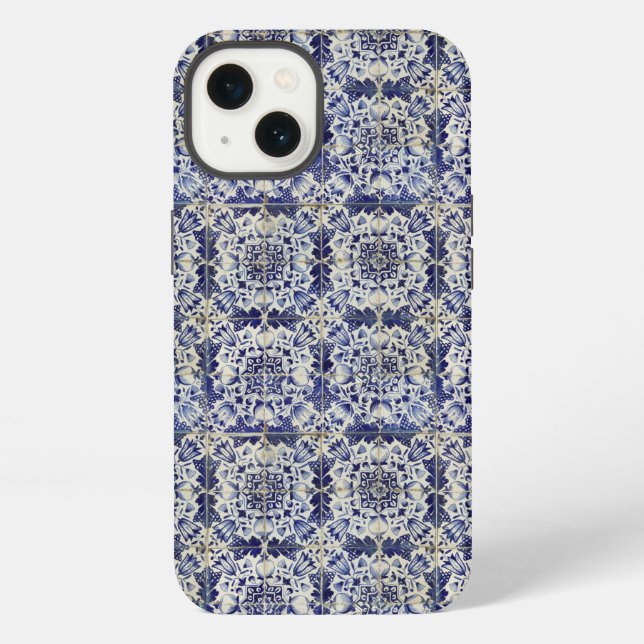 Vintage Geometric Blue White Tile Pattern iPhone Case (Back)