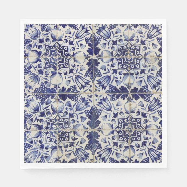 Vintage Geometric Blue White Tile Pattern Napkin (Front)