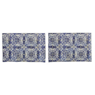 Vintage Geometric Blue White Tile Pattern  Pillowcase