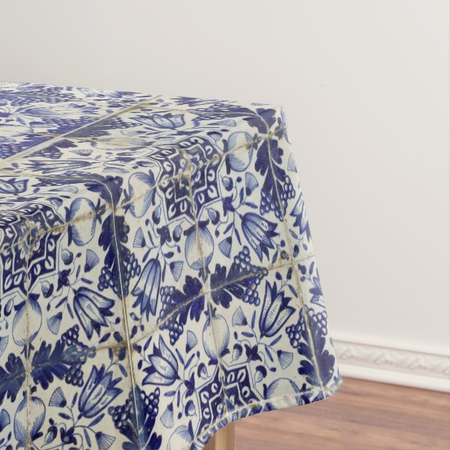 Vintage Geometric Blue White Tile Pattern Tablecloth (In Situ)