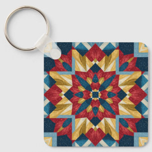 vintage Geometric Quilt Block Art Pattern Key Ring