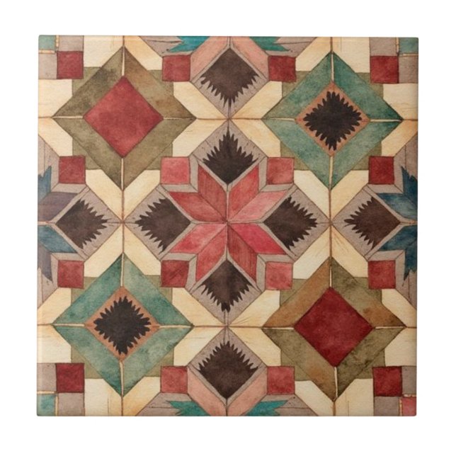 vintage Geometric Quilt Block Art Pattern  Tile (Front)