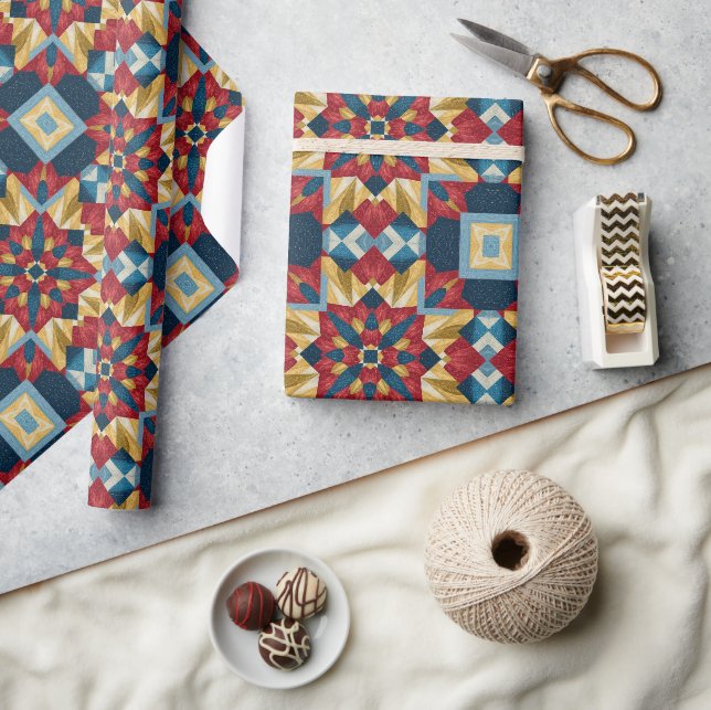 vintage Geometric Quilt Block Art Pattern  Wrapping Paper (Crafts)