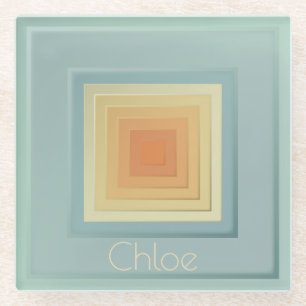 Vintage Geometric Squares (light blue & yellow) Glass Coaster