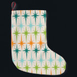 Vintage Geometric Starbursts Christmas Stocking<br><div class="desc">Vintage. Geometrics. Starbursts. If you love any of those words, this retro Vintage Geometric Starbursts Christmas Stocking is for you. This mid century modern design features a cream background with rows of turquoise, lime green, orange, and teal starbursts. This mod design pairs beautifully with Strange Little Onion’s Retro Atomic Mobile...</div>