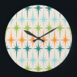 Vintage Geometric Starbursts Round Wall Clock<br><div class="desc">Vintage. Geometrics. Starbursts. If you love any of those words, this retro Vintage Geometric Starbursts Wall Clock is for you. This mid century modern design features a cream background with rows of turquoise, lime green, orange, and teal starbursts. This mod design pairs beautifully with Strange Little Onion’s Retro Atomic Mobile...</div>