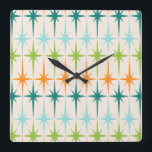 Vintage Geometric Starbursts Square Wall Clock<br><div class="desc">Vintage. Geometrics. Starbursts. If you love any of those words, this retro Vintage Geometric Starbursts Wall Clock is for you. This mid century modern design features a cream background with rows of turquoise, lime green, orange, and teal starbursts. This mod design pairs beautifully with Strange Little Onion’s Retro Atomic Mobile...</div>