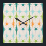 Vintage Geometric Starbursts Square Wall Clock<br><div class="desc">Vintage. Geometrics. Starbursts. If you love any of those words, this retro Vintage Geometric Starbursts Wall Clock is for you. This mid century modern design features a cream background with rows of turquoise, lime green, orange, and teal starbursts. This mod design pairs beautifully with Strange Little Onion’s Retro Atomic Mobile...</div>