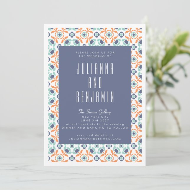 Vintage Geometric Tiles Motif in Blue Wedding Invitation (Standing Front)