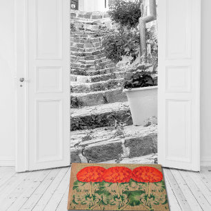 Vintage Geranium Trio   in burlap look Doormat