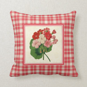 Vintage Geraniums with Coral Pink Plaid Pattern Cushion