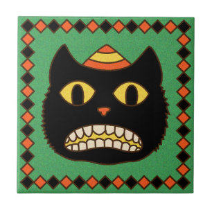 Vintage German Halloween Black Cat Tile
