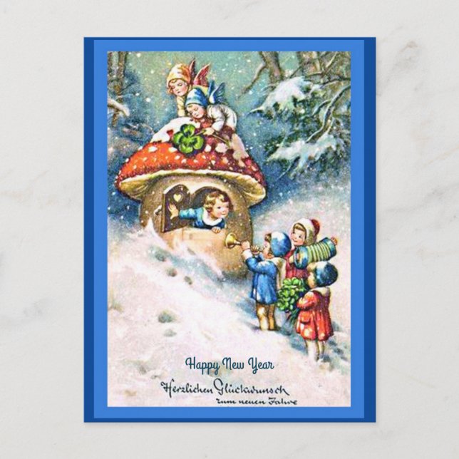 Vintage German New Year Children & Mushroom House Postcard (Front)