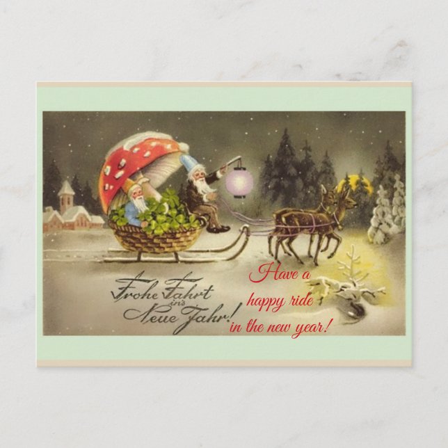 Vintage German New Year Elves Mushroom Postcard (Front)