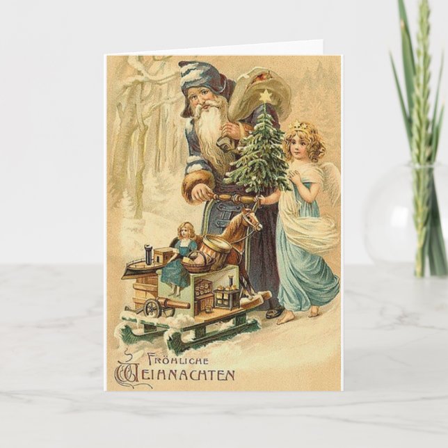 Vintage German Santa And Angel Christmas Card (Front)