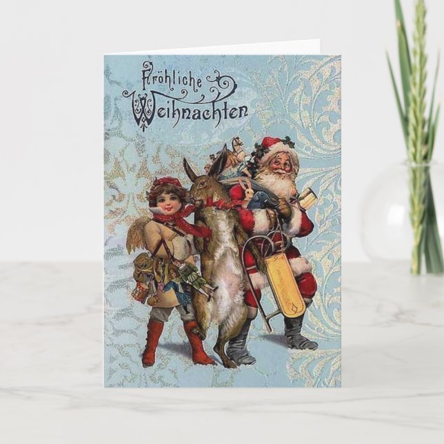 Vintage German Santa And Rabbit Christmas Card (Front)