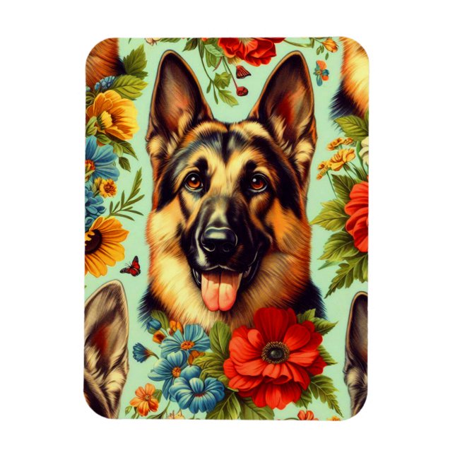Vintage German Shepherd Floral Magnet (Vertical)