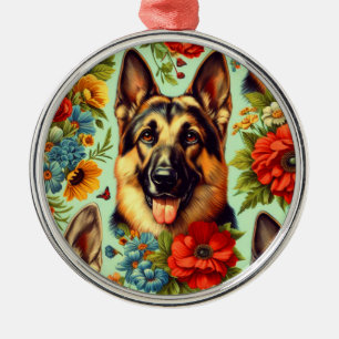 Vintage German Shepherd Floral Metal Tree Decoration