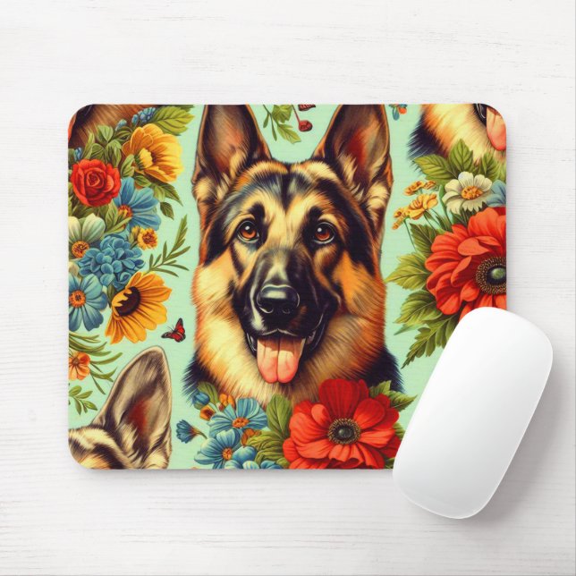 Vintage German Shepherd Floral Mouse Mat (With Mouse)