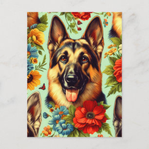 Vintage German Shepherd Floral Postcard