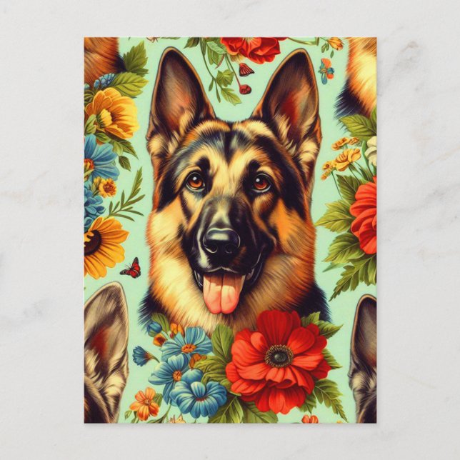 Vintage German Shepherd Floral Postcard (Front)