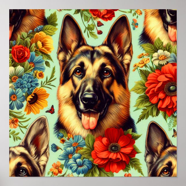 Vintage German Shepherd Floral Poster (Front)