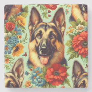 Vintage German Shepherd Floral Stone Coaster
