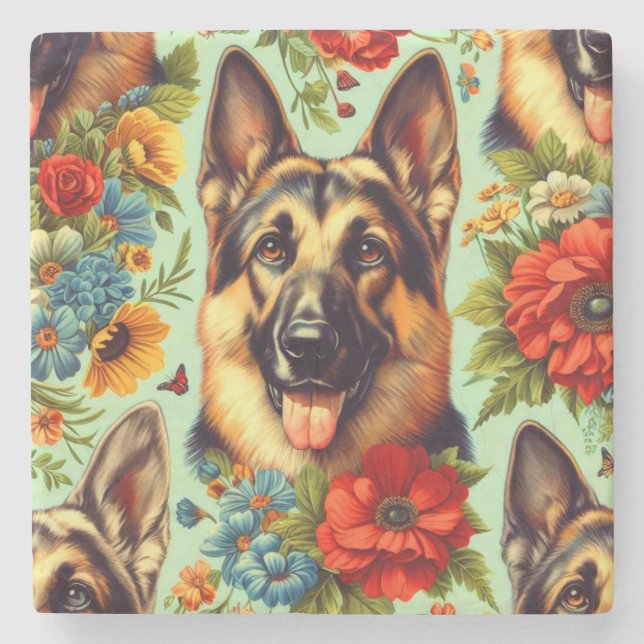 Vintage German Shepherd Floral Stone Coaster (Front)
