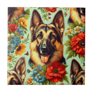 Vintage German Shepherd Floral Tile