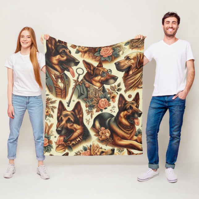 Vintage German Shepherd Illustration Fleece Blanket (In Situ)