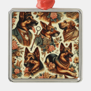 Vintage German Shepherd Illustration Metal Tree Decoration