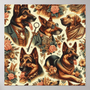 Vintage German Shepherd Illustration Poster