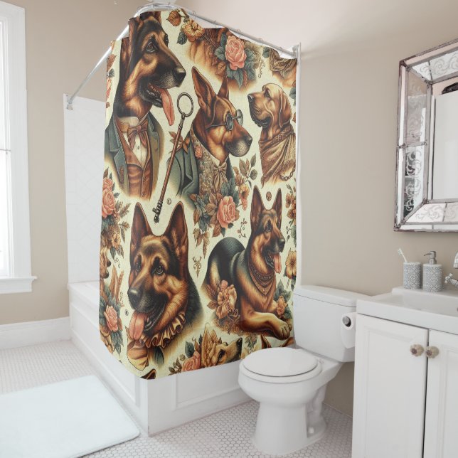 Vintage German Shepherd Illustration Shower Curtain (In Situ)
