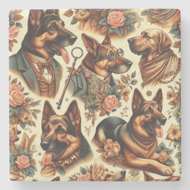 Vintage German Shepherd Illustration Stone Coaster (Front)