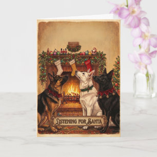 Vintage German Shepherds Listening for Santa Card