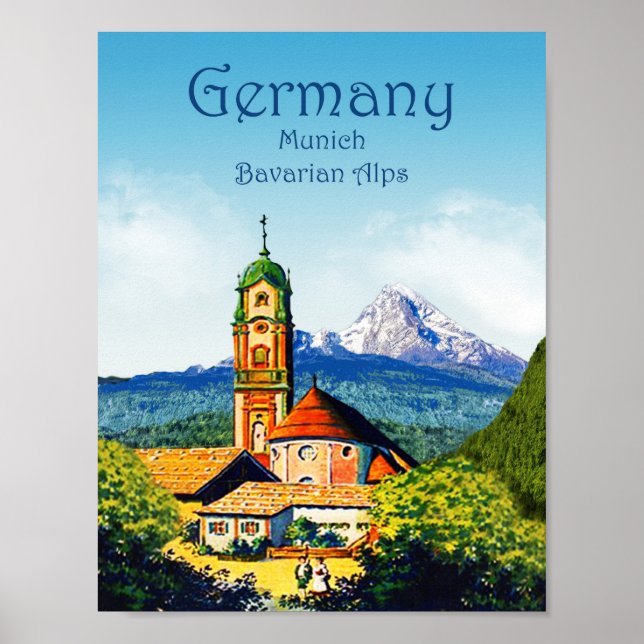 Vintage Germany Munich Bavarian Alps Travel Poster (Front)