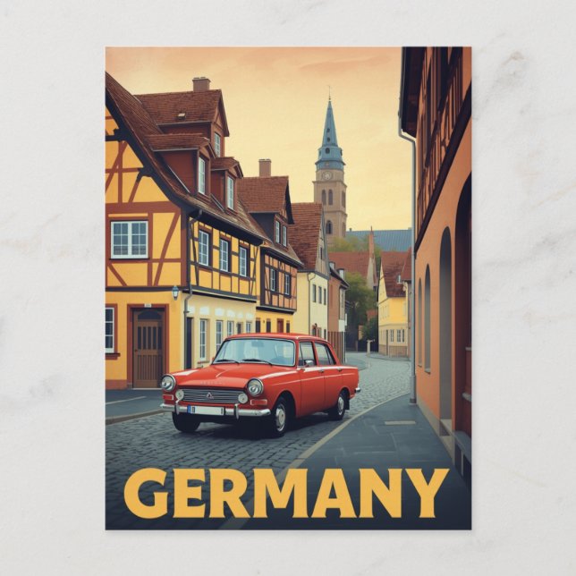Vintage Germany Red Car Travel Poster Art Postcard (Front)