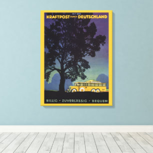 Vintage Germany, Yellow Bus at Night, Travel Art Canvas Print