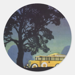 Vintage Germany, Yellow Bus at Night, Travel Art Classic Round Sticker