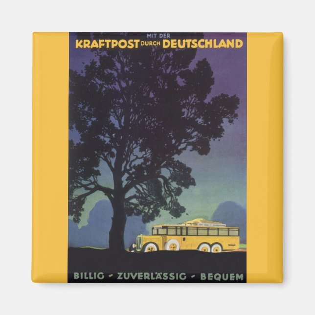 Vintage Germany, Yellow Bus at Night, Travel Art Magnet (Front)