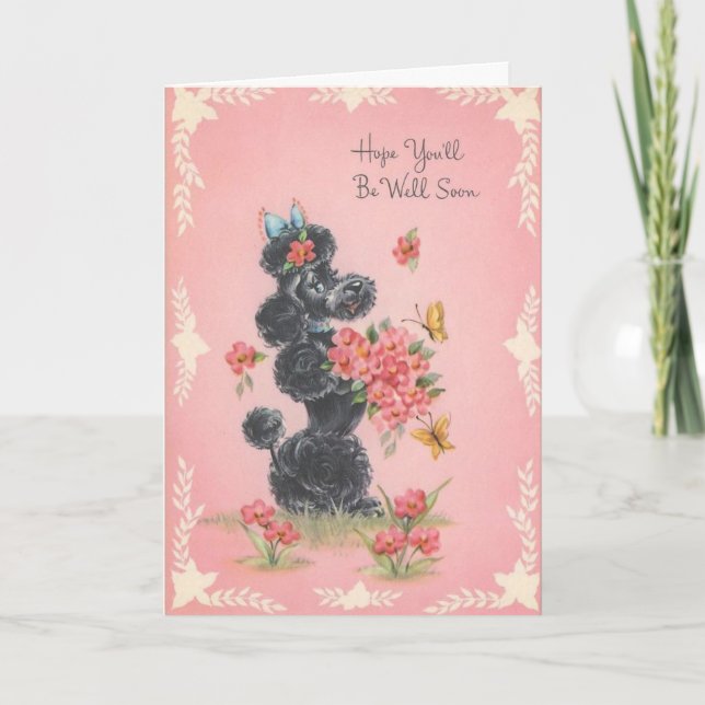 Vintage Get Well - Poodle Brings Flowers, Card (Front)