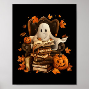 Vintage Ghost Book Reading Pumpkin Gothic Hallowee Poster