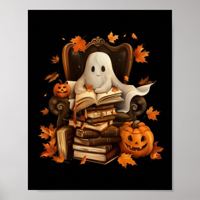 Vintage Ghost Book Reading Pumpkin Gothic Hallowee Poster (Front)
