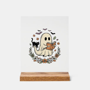 Vintage Ghost Cat Halloween Floral Vector Design_1 Acrylic Sign