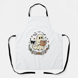 Vintage Ghost Cat Halloween Floral Vector Design_1 Apron
