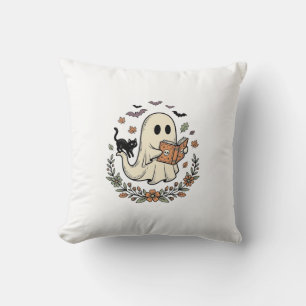 Vintage Ghost Cat Halloween Floral Vector Design_1 Cushion
